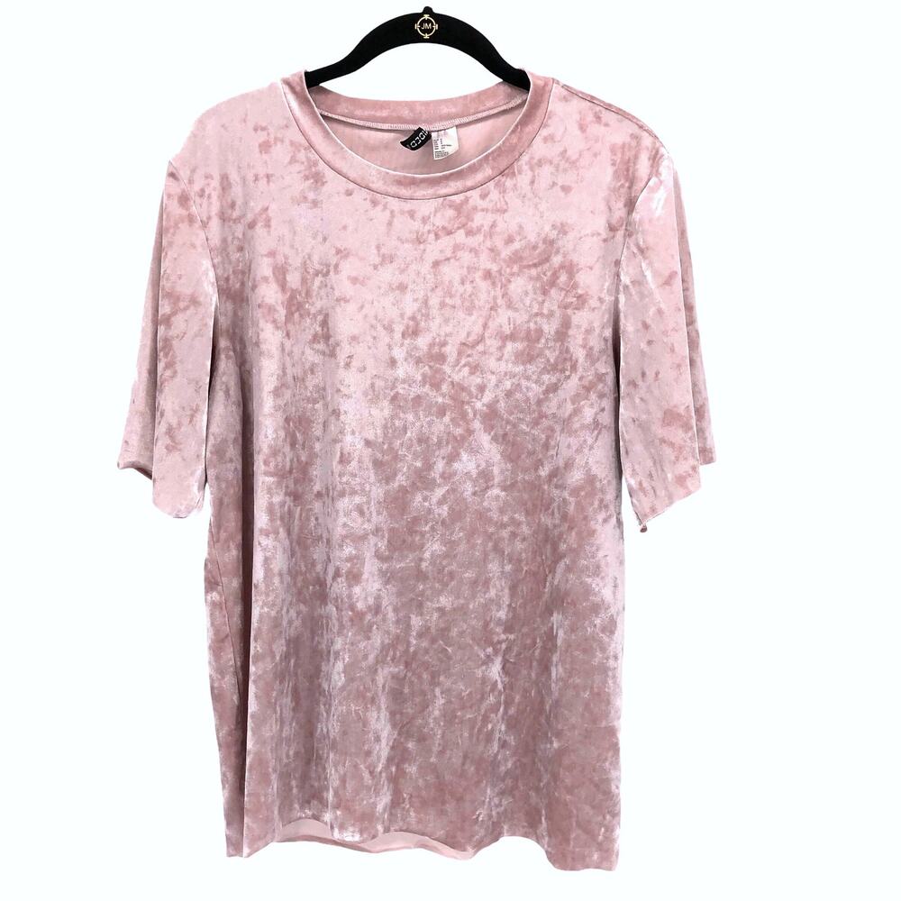Divided H&M Crushed Velvet Velour T Shirt Womens S Pink Raw Hem Oversized Tee